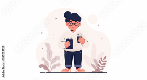 A young person in glasses holding a book and a drink amidst stylized foliage