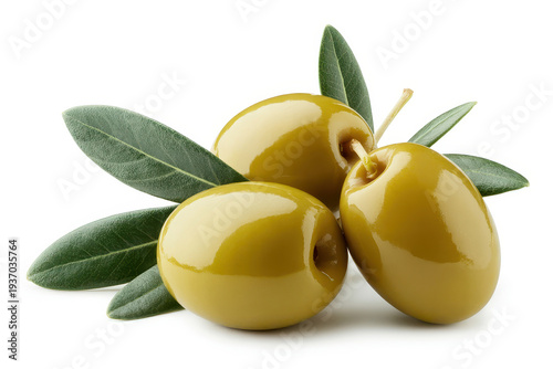 Green olives with leaves on white background fruit