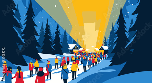 A vibrant illustration of people walking through a snowy winter forest towards a warm, glowing light source, evoking a festive community gathering.