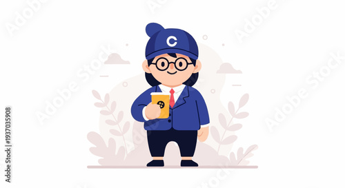 A stylized cartoon character in a blue suit, tie, and cap, holding a yellow cup with a symbol