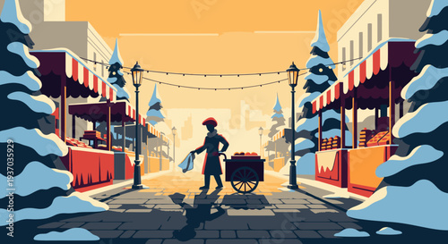 A solitary figure navigates a charming, snow-covered winter market street lined with festive stalls and twinkling lights under a warm, golden sky.