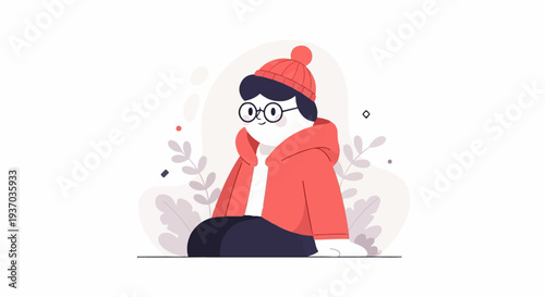 A stylized person with glasses and a red beanie sits cross-legged