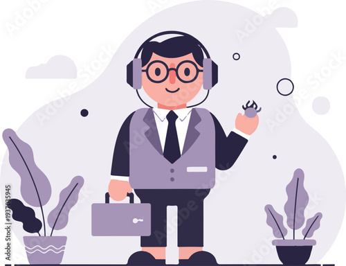 Cheerful businessman with headphones and briefcase, surrounded by abstract shapes