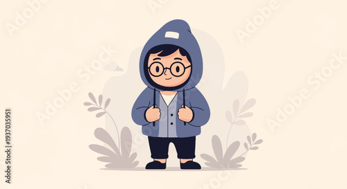 A cartoon character wearing a hooded jacket, glasses, and holding onto straps