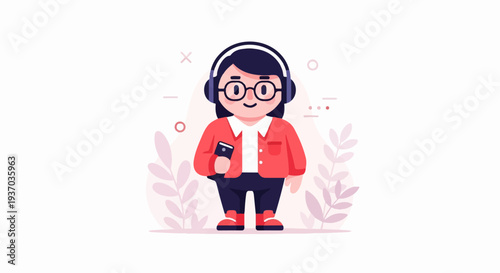 Cute cartoon character with glasses and headphones holding a phone, with abstract shapes and leaves