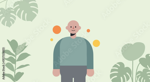 Minimalist illustration of a bald person with playful circles and lush green plants