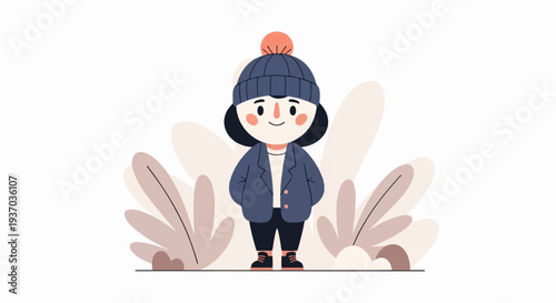 A cute character in a blue jacket and hat, standing amidst abstract foliage