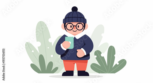 Cartoon character wearing glasses and a beanie, holding a cup, amidst foliage