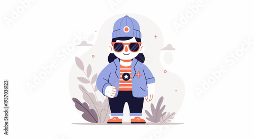 Cute character in stylish casual outfit with sunglasses, beanie, and star detail