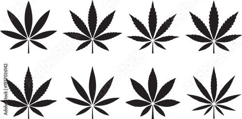 Eight black leaf symbols on white background