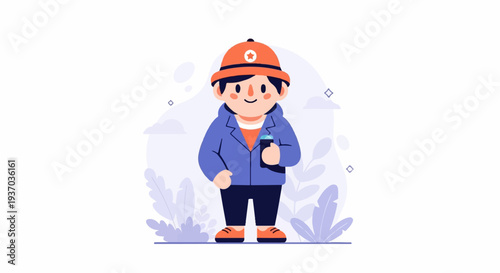 Cartoon character with orange hat and blue jacket, holding a spray can