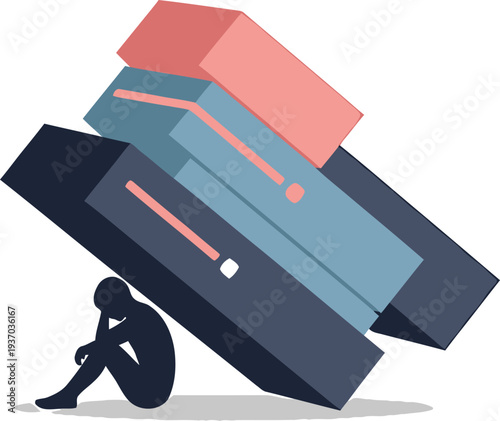 A stack of colorful books falling over, illustration of books tumbling down, learning and education concept.