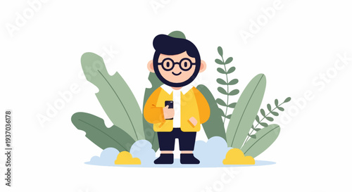 A smiling man in a yellow jacket holds a phone, surrounded by lush green foliage