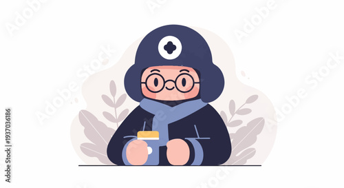 Cozy character in winter attire, wearing glasses and a hat, holding a warm drink