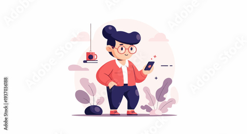 Cartoon person with round glasses and stylish hair, holding a mobile phone, standing near plants