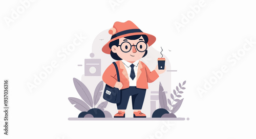 A cheerful person in a hat, glasses, and blazer, carrying a bag and a coffee cup