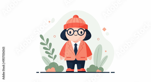 Animated character in formal attire with winter hat, glasses, amidst foliage