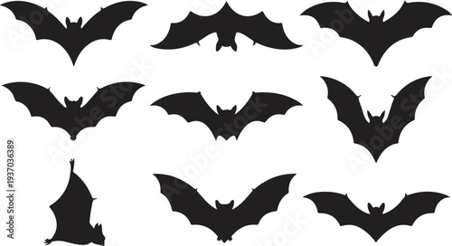 Nine black bat silhouettes flying in different directions on white background bats