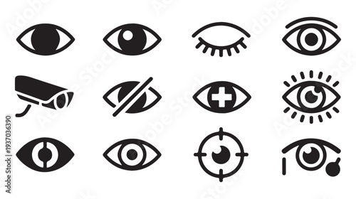 Eye icons set with surveillance camera, health and security symbols for technology