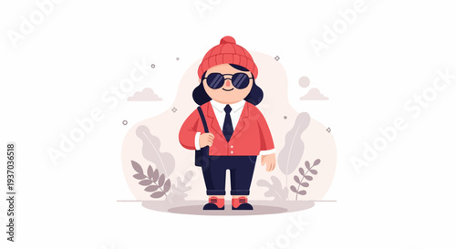Stylized person in red jacket, blue pants, and beanie, carrying a bag
