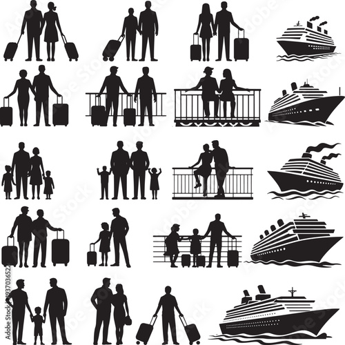 Black silhouettes of people with luggage and cruise ships on white background