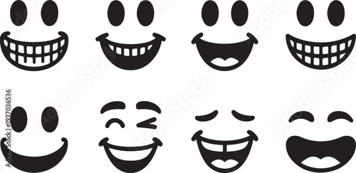 Nine Different Black and White Emoji Faces Expressing Various Emotions smile