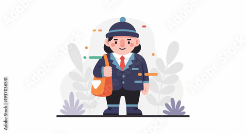 Stylized character in a blue suit, red tie, and beanie, carrying an orange bag