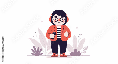 Cheerful person with headphones, holding phone, giving thumbs up, surrounded by stylized plants