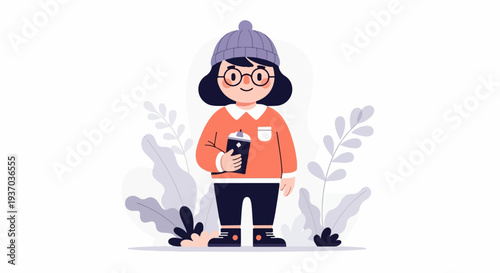Cheerful cartoon character in winter attire holding a beverage, surrounded by stylized foliage