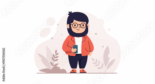 A cartoon man with dark hair, beard, and glasses holds a phone