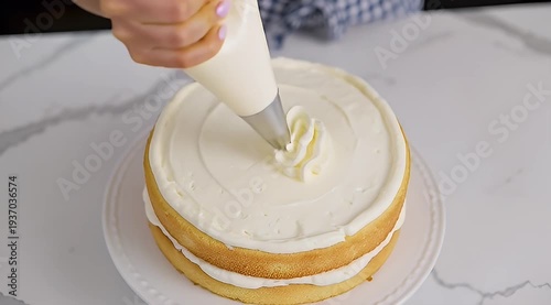 Closeup of a person decorating a round cake with white icing