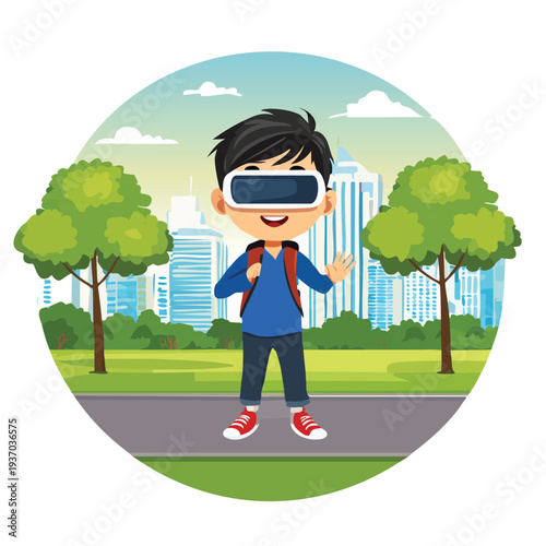 Youngster in augmented reality glasses outdoors