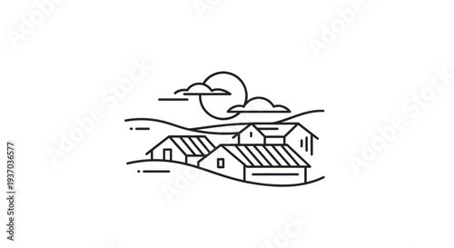 Minimalist landscape with houses and sun