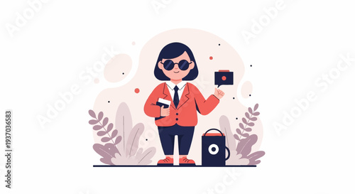 Stylized cartoon of a person in a suit, holding a book and a briefcase