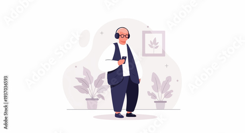 Person wearing headphones, holding phone, surrounded by plants
