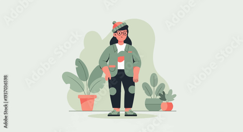 Flat illustration of a person with glasses wearing a beanie and jacket, surrounded by plants