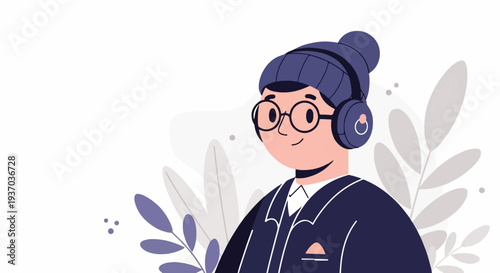 Stylized illustration of a person wearing headphones and glasses