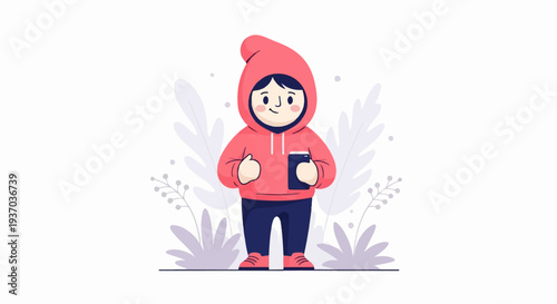 Friendly character in a pink hoodie and dark pants holding a phone, surrounded by subtle plant motifs