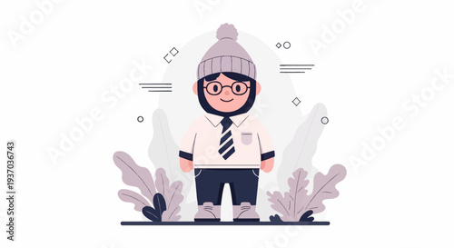 A stylized person with a beard, glasses, and winter hat stands amidst abstract plants and shapes