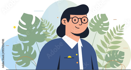 Cheerful person in blue outfit smiles among tropical leaves and abstract shapes