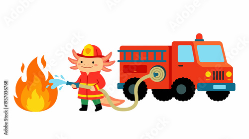 Cute cartoon axolotl firefighter in uniform with a helmet spraying water from a hose at a large fire next to a red fire truck with flashing lights
