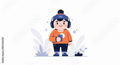 A cartoon child in orange sweater and headphones holding a phone