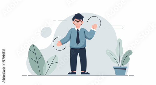 A friendly man in a suit and tie waves hello, surrounded by simple plants and abstract shapes