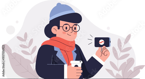 Person in winter clothes taking a picture on phone, holding coffee cup