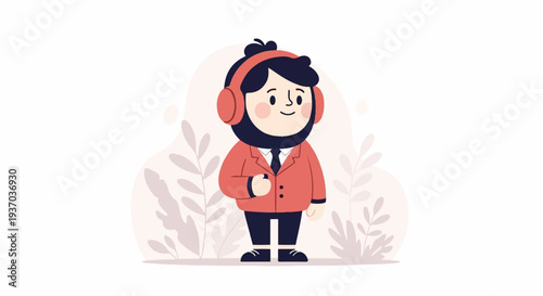 A stylized character in a suit and headphones stands amidst abstract botanical shapes