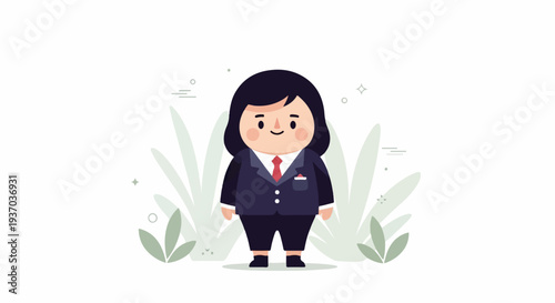 Adorable cartoon character in a suit, with soft green foliage and subtle decorative elements