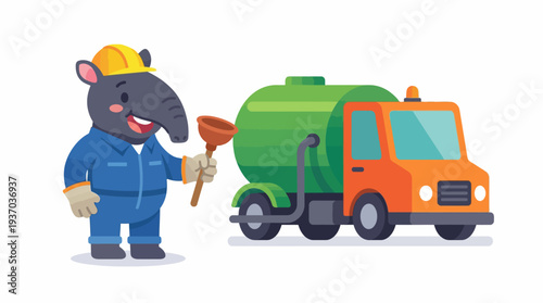 Cartoon tapir plumber wearing a hard hat and blue overalls, holding a plunger, standing next to a green and orange sewer service truck with a large tank