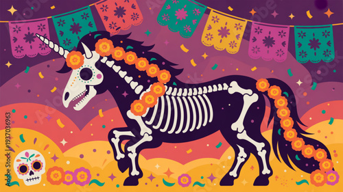 Colorful day of the dead unicorn skeleton with marigold garland and papier mch banner decoration