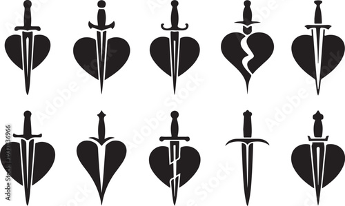Ten black and white heart dagger symbols with different and orientations