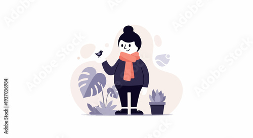 A cartoon character in a scarf holds a bird, surrounded by plants